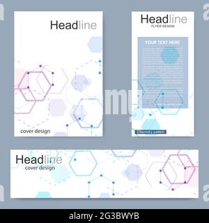 Set flyer, brochure size A4 template,banner. Molecular structure with connected lines and dots. Scientific pattern atom DNA with elements for magazine Stock Vector