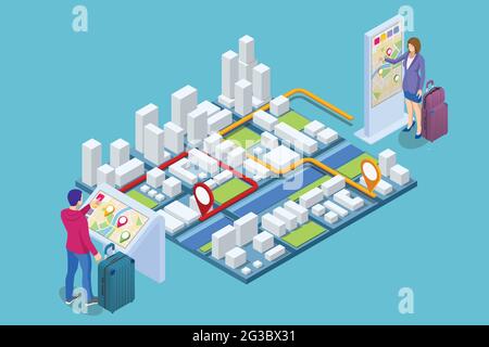 Isometric Promotional Interactive Information Kiosk, Advertising Display, Terminal Stand, Touch Screen Display. Interactive touchscreen with city map. Stock Vector