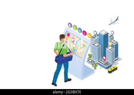 Isometric Promotional Interactive Information Kiosk, Advertising Display, Terminal Stand, Touch Screen Display. Man use interactive touchscreen with Stock Vector
