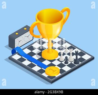 Concept business strategy. Isometric gold cup of the winner and medal on the chessboard. Achieving goals business strategy for win, management or Stock Vector