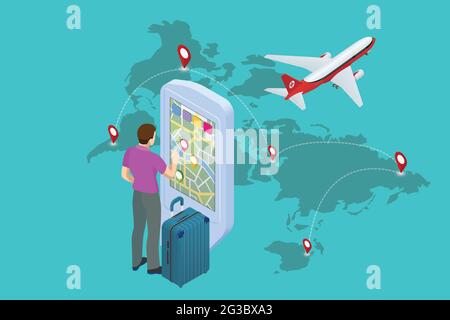 Isometric Promotional Interactive Information Kiosk, Advertising Display, Terminal Stand, Touch Screen Display. Woman use interactive touchscreen with Stock Vector