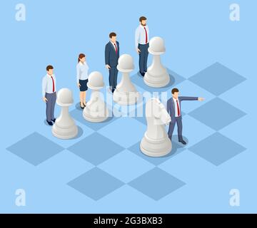 Concept business strategy. Isometric businessmen and women playing chess game reaching to plan strategy for success. Achieving goals business strategy Stock Vector