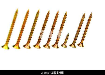 close-up of metal screws arranged according to one screw, shorter than the others, isolated in white Stock Photo