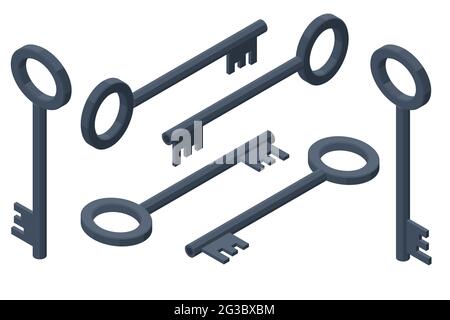 Isometric set icons of old door key isolated on white background. Classic old door key black color. Stock Vector