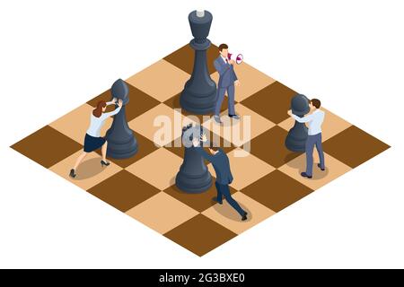 Concept business strategy. People moving chess pieces on chess board. Isometric businessmen and women playing chess game reaching to plan strategy for Stock Vector