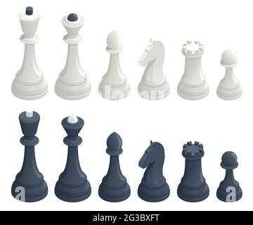 Isometric set of standard chess pieces. Chess icons. Board game. A chess piece, or chessman, is any of the six different types of movable objects used Stock Vector