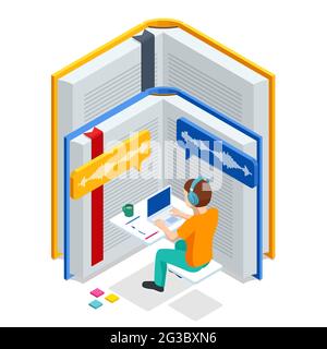 Isometric Audiobooks concept. Listening to e-books in audio format. Books online. Online training banner, Ebook and Student Stock Vector