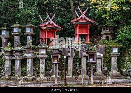 Ishidoro, stone japanese lanterns along the paths of Nara Park, Nara, Japan. Stock Photo