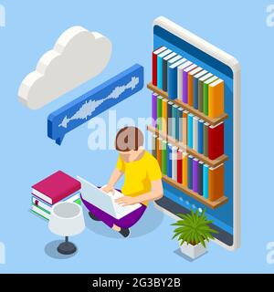 Isometric Audiobooks concept. Listening to e-books in audio format. Books online. Online training banner, Ebook and Student Stock Vector
