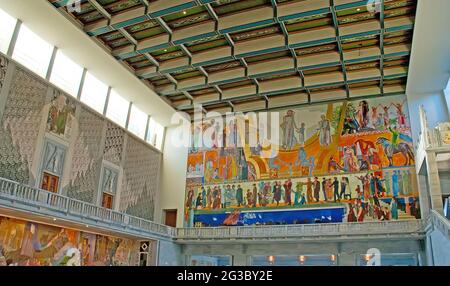 OSLO, NORWAY - SEP 28, 2010: The Main Hall of the Radhus (City Hall), decorated with large oil paintings by Henrik Sorensen, on Sep 28 in Oslo Stock Photo