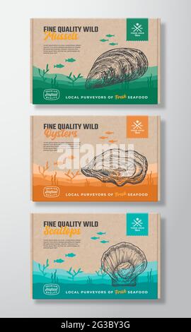 Premium Quality Food Box Mockups. Vector Seafood Packaging Label Design on a Cardboard Containers Set. Hand Drawn Mussel, Oyster and Scallop Sketch Stock Vector