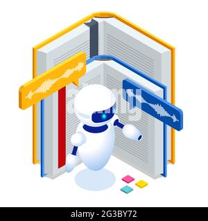 Isometric Audiobook and Science teacher bot concept. Artificial Intelligence, Knowledge Expertise Intelligence Learn. Technology and engineering Stock Vector