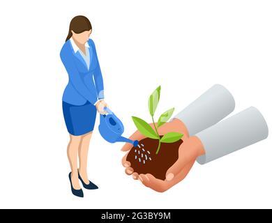 Isometric concept of growth, new life, environment protection and organic planting. Hand holding sprout. Startup, profit, growth, success, investment Stock Vector