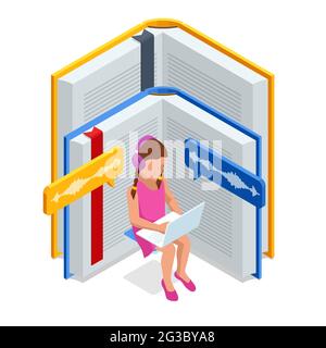 E-learning, Online Education at Home. Isometric concept for Digital Reading, E-classroom Textbook, Modern Education, Online Training and Course, Audio Stock Vector