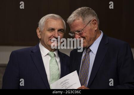 Washington, United States. 15th June, 2021. Chairman Sen. Jack Reed, D-R.I and Sen. Jim Inhofe, R-OK, chat before the start of the hearing on Defense Authorization Request for fiscal 2022 and the Future Years Defense Program on Capitol Hill in Washington, DC on Tuesday, June 15, 2021. Photo by Tasos Katopodis/UPI Credit: UPI/Alamy Live News Stock Photo