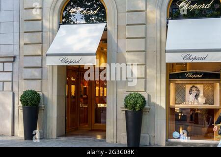 Barcelona Spain May 11 2021. Logo and facade of Chopard a