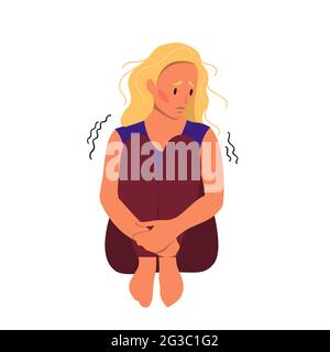 Sad woman sitting on the floor. Concept of mental disorder. Colorful vector illustration in flat cartoon style. Stock Vector