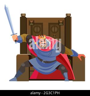 Anger. The evil king expresses his negative emotions. Emperor character with sword in hand, shouting is furious. Cartoon, flat vector illustration Stock Vector