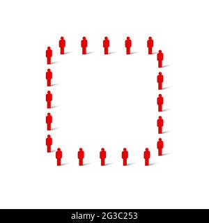 Human crowd in the shape of square. Large people group. Stick figure red simple icons. Vector illustration. Stock Vector