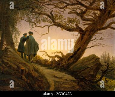 Two Men Contemplating the Moon by Caspar David Friedrich (1774-1840), oil on canvas, c. 1825-30 Stock Photo