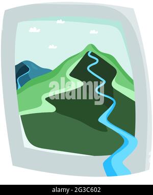 Mountain landscape with a river. Picture in a frame with a landscape. Vector illustration. Stock Vector