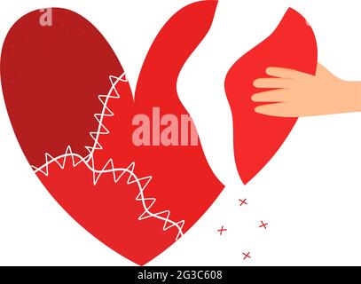 hand picks up a piece from a sewn heart.vector illustration, hand picks up a piece from a sewn heart.vector illustration Stock Vector