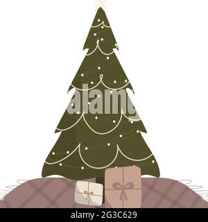 Christmas tree with gifts stands on the carpet., Christmas tree with gifts stands on the carpet. Stock Vector