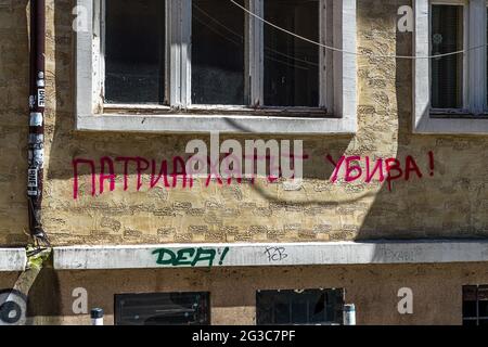 Slogan sprayed on the wall in Sofia, Bulgaria: Patriarchy kills Stock Photo
