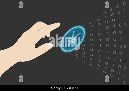 A human hand reaches for the virtual Chinese yuan. Illustration with blue Chinese yuan for any design. Global business network. Digital currency. Stock Photo