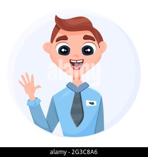 The man greets with his hand. The manager waves his hand. Stock Vector