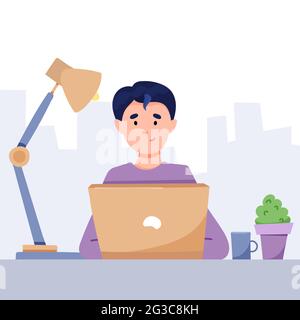 A man works at a laptop. Illustration concept for working from office, home, freelancing. Stock Vector
