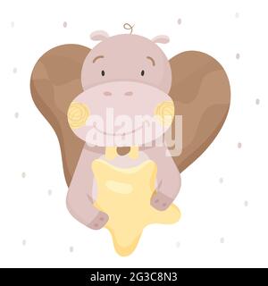 Cute hippo is holding a star. Baby animal concept illustration for nursery, character for children. Ideal for decorating nursery and printing on baby Stock Vector