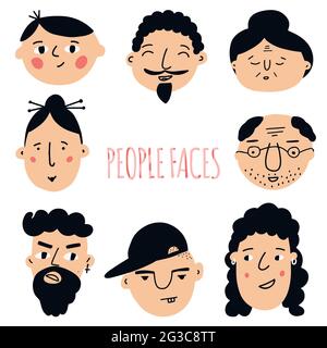 Set of peoples faces. Hand-drawn graphics. Different men and women. Cartoon characters. Stock Vector