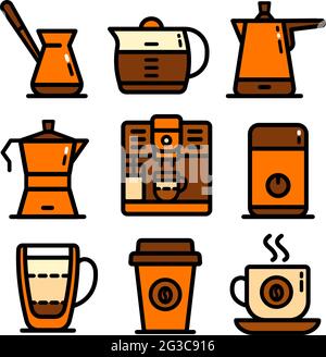 Coffee, coffee shop, coffee house color icons set in simple style. Vector icons collection isolated on white. Stock Vector