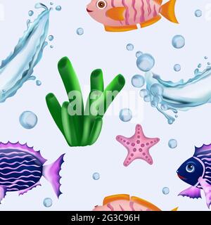 Seamless pattern with Tropical fish, seaweed, starfish, splash water. Pattern with Underwater world for your design. Vector illustration Stock Vector