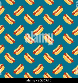 Hot Dog vector seamless pattern background. Fried sausage in bun, sesame seeds, mustard, ketchup cartoon design element. Stock Vector