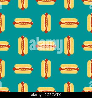 Hot Dogs sign vector seamless pattern background. Fried sausage in bun, mustard cartoon design element. Stock Vector