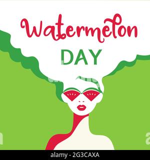 Watermelon Day poster. Fancy Hand drawn cartoon design element. Beautiful young woman with red watermelon sunglasses retro pop art style. Stock Vector