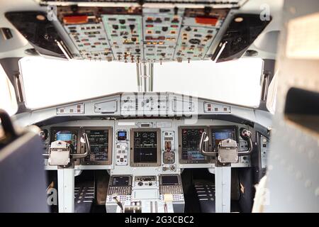 Pilot cabin in modern passenger airplane jet Stock Photo