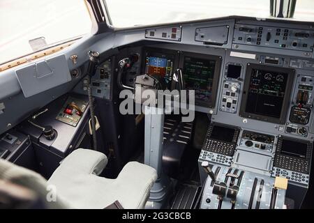 Pilot cabin in modern passenger airplane jet Stock Photo