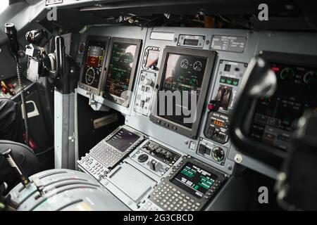 Pilot cabin interior of passenger airplane jet Stock Photo