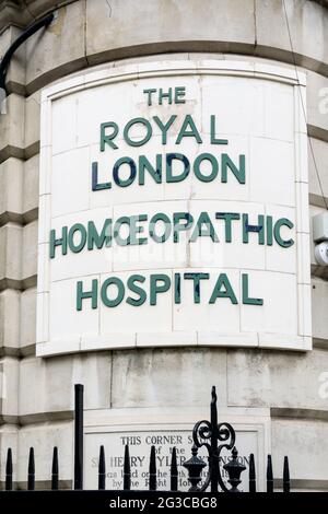 Sign for the Royal London Homoeopathic Hospital), now The Royal London Hospital for Integrated Medicine. Stock Photo