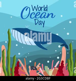World ocean day in cartoon style on blue background with cute blue whale seaweed and corals. Square orientation. Vector graphic. June 8. Stock Vector