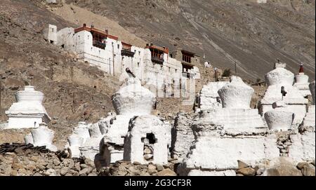 Ruins of royal palace with white buddhist stupas in Tiger or Tiggur village in Nubra valley, Ladakh, Jammu and Kashmir, India - Nubra valley was old k Stock Photo