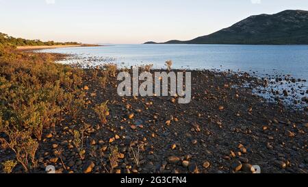 The sun rising warms the rocks on a beach at low tide giving an orange glow Stock Photo