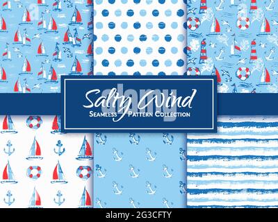 Nautical and sea seamless pattern collection with sail boats, lighthouses, seagulls, anchors and other marine symbols, as well as abstract backgrounds Stock Vector