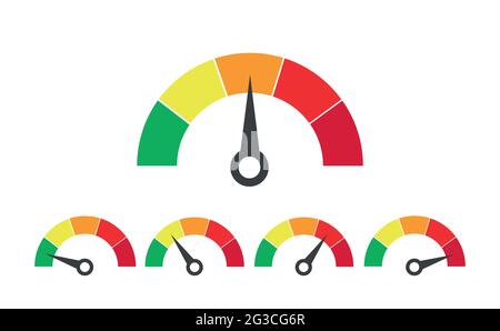 Speedometer measure in colorful flat design. Evaluation of service from bad to excellent level. Isolated set of satisfaction diagram. Vector Stock Vector