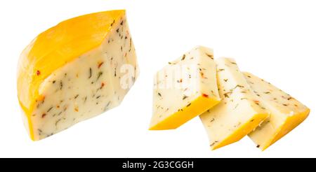 slices of gouda cheese with herbs. sliced and isolated on white background Stock Photo
