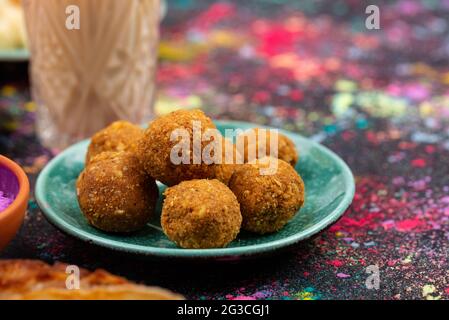 Traditional Indian food laddu for Holi Stock Photo