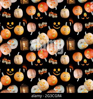 Seamless Halloween pattern, different pumpkins with toothy smiles on black background Stock Photo